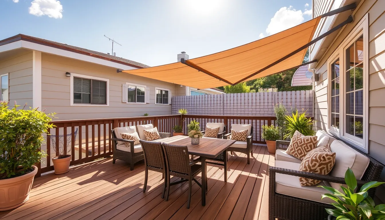 A sunlit patio with wooden deck, cushioned seating, awning, and plants, illustrating a durable outdoor seating area.