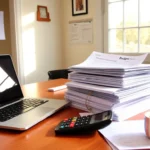 Laptop, calculator, budget sheets, calendar, coffee cup on a desk in a sunny room.