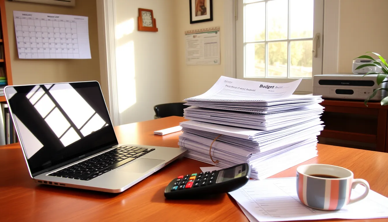 Laptop, calculator, budget sheets, calendar, coffee cup on a desk in a sunny room.