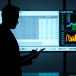 Silhouette of a professional in a suit standing before a screen with charts and a notepad.