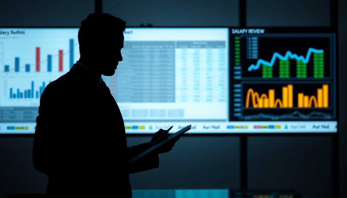 Silhouette of a professional in a suit standing before a screen with charts and a notepad.